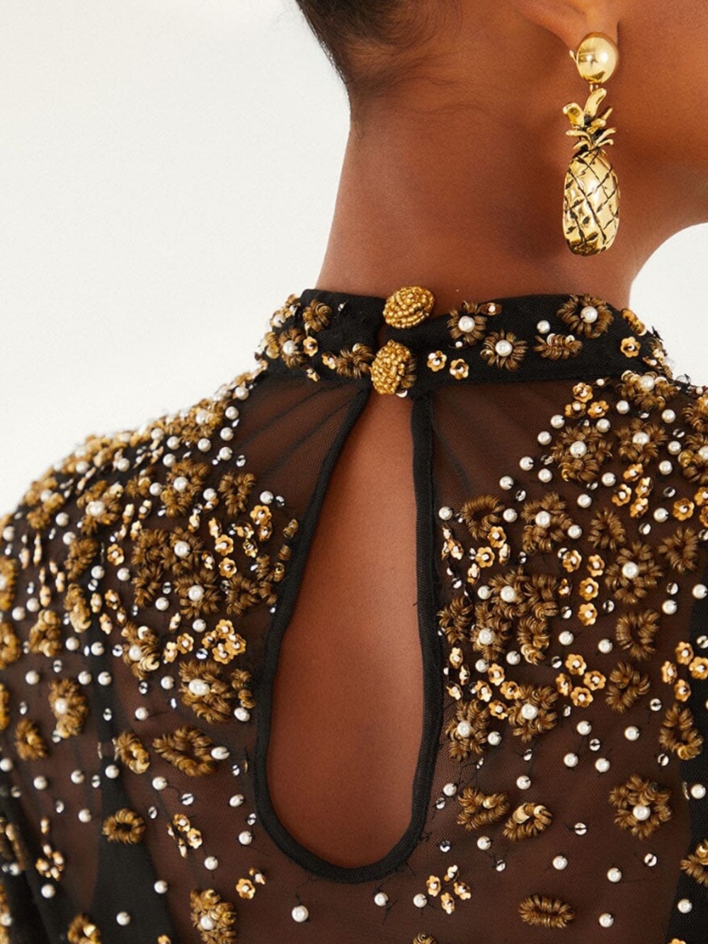 FARM Rio Black Sheer Blouse with Gold Bead Embellishment